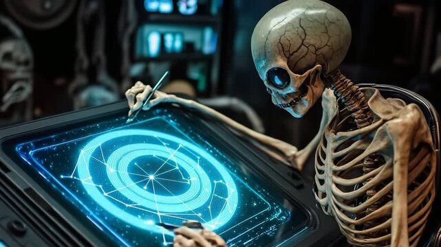 Alien skeleton creating luminous star charts in a futuristic spacecraft at night