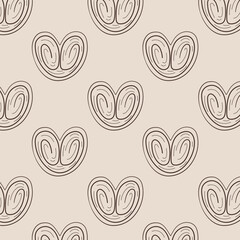 Seamless bakery pattern with hand drawn heart shaped pastry in monoline style. Minimal whimsical food background for wrapping, textile and packaging design.