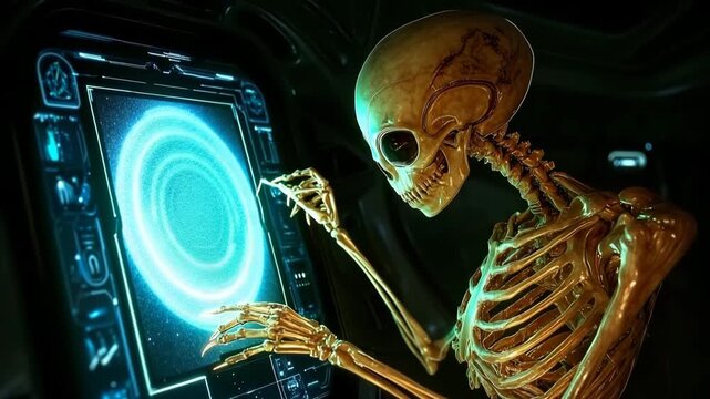Alien skeleton creating luminous star charts in a futuristic spacecraft at night