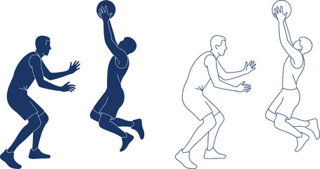 Two blue basketball players in motion one solid silhouette one line
