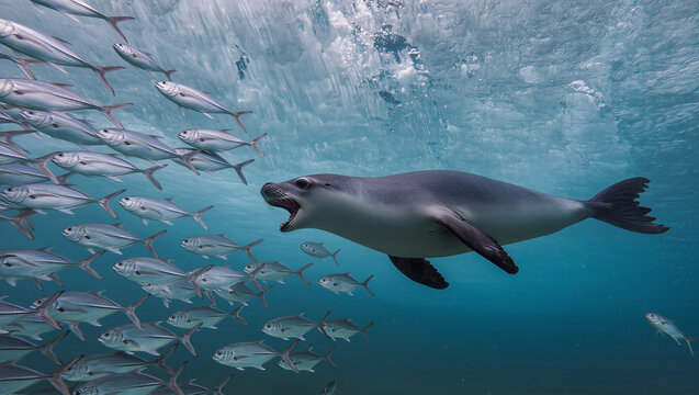 Leopard Seal Hunting Fish Beneath Antarctic Ice