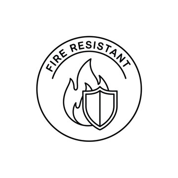 Fire resistant icon with shield and flames in circle  safety symbol