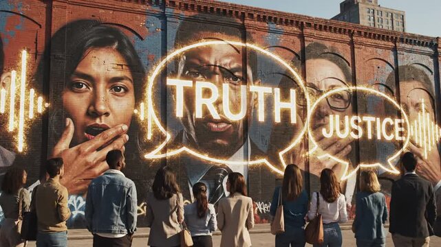Diverse people view mural of silenced faces with glowing sound waves