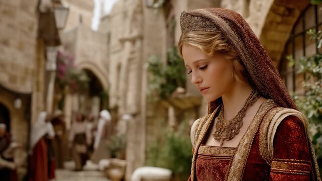 A beautiful medieval Persian queen wears an elegant red and gold dress adorned with rich details, complemented by a delicate tiara that reflects royal grace and authority.