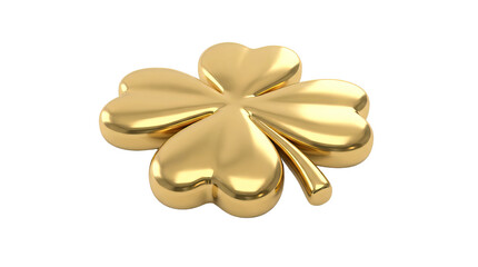 Golden four leaf clover symbol representing luck and prosperity with a shiny finish on a white background cutout