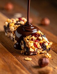 A chocolate dessert being drizzled with chocolate sauce
