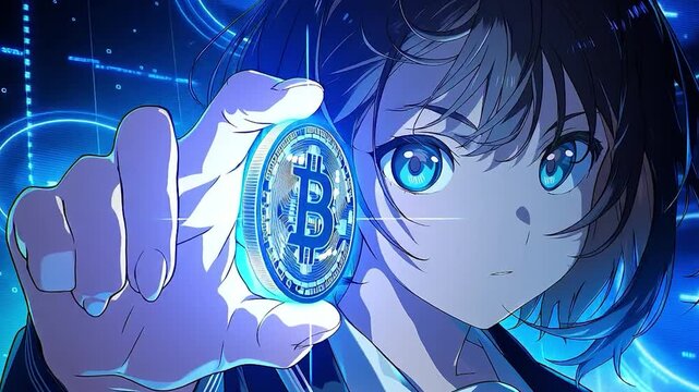 Anime Girl Holding Bitcoin with Futuristic Blue Digital Background Cryptocurrency Concept、ビットコインを掲げるアニメ美少女と近未来デジタル背景の仮想通貨イメージ