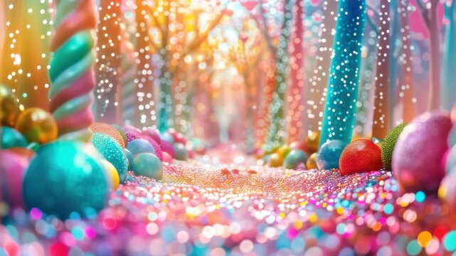 Colorful, festive fantasy path with candy and lights.