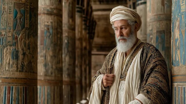 A Pharisee standing within an ancient temple, traditional robes and solemn expression, historical biblical setting illuminated by soft sacred light and classical architecture.