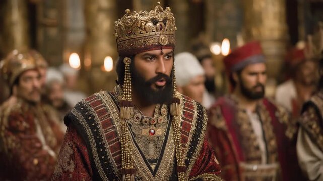 Persian king wearing a majestic gold and red robe inside an ancient castle, dramatic regal atmosphere highlighting royal power, heritage, and historic grandeur.