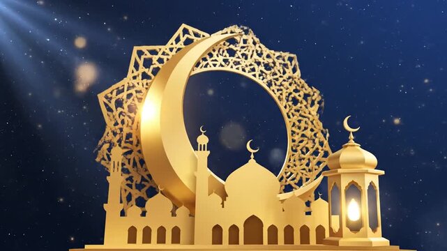 Golden crescent moon and mosque silhouette on dark blue background