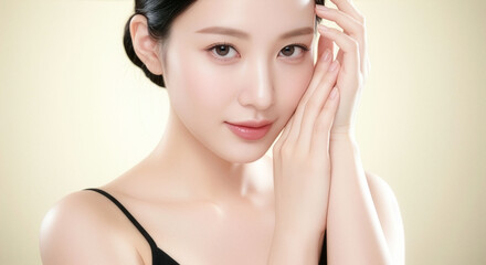 温かみのあるイエロートーンの背景で輝くなめらかな素肌を見せる女性のクローズアップ、自然なツヤ感と洗練された表情が印象的なスキンケア・美容広告向けビジュアル