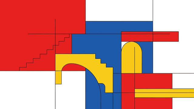 geometric abstraction with architectural forms stairs arches in primary colors de stijl art for minimalist design.