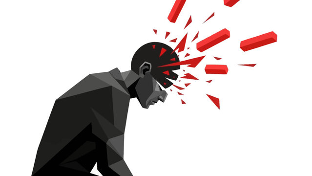 geometric illustration of a mans head exploding vividly depicting severe mental breakdown intense stress and psychological distress.
