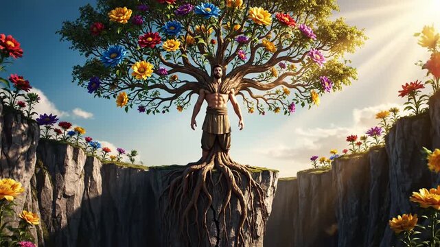 Muscular man as a rooted tree on cliff edge under sun