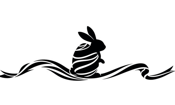 A black silhouette of a rabbit with striped pattern and flowing ribbons