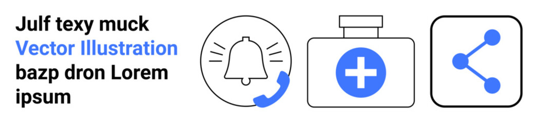 Obraz premium Communication, healthcare, technology, alerts, medical assistance, connectivity. Black and blue icon set a notification bell, medical box and data sharing symbol. Communication and healthcare