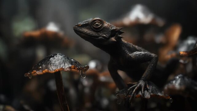 Close up of a black lizard perched on a rock, intense eye contact with the camera, detailed reptile texture highlighted by natural light in a rugged outdoor setting.