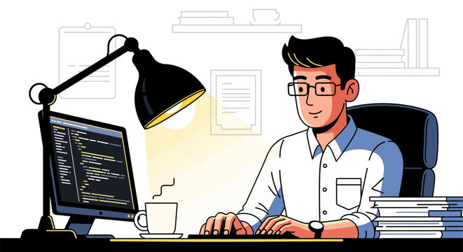 Software Developer Working on Code - Programmer at Desk Illustration
