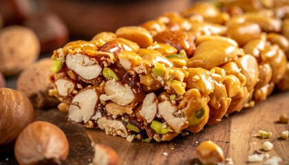 A close-up of a crunchy nutty snack on a wooden surface