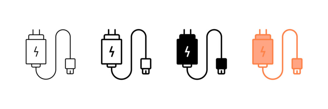 Set of minimalist charger icons with transparent background, depicting mobile device power supply symbols, electronic gadgets, battery charging indicators, and energy solutions, vector illustration