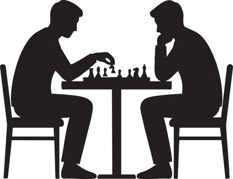 Two people sitting at a table playing chess silhouette isolated on white background minimalist strategy game and intellectual competition illustration