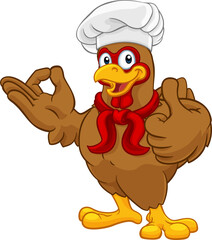 A chef chicken rooster cockerel cartoon character mascot doing a chefs okay perfect hand sign and thumbs up © Christos Georghiou