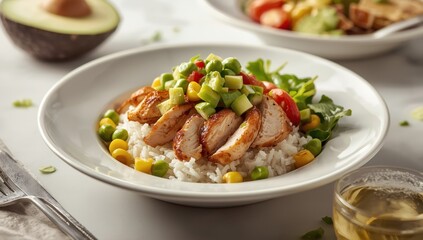 Healthy bowl with basmati rice, grilled chicken, edamame, corn, avocado, and greens