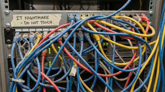 Tangled network cables in server room with warning sign