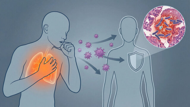 Respiratory infection transmission pathway showing airborne pathogen spread and immune system response for infectious disease prevention education, public health campaigns, and hygiene protocol