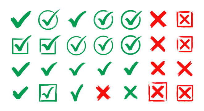 hand drawn green checkmarks and red crosses brush stroke and outlined styles ideal for illustrating approval denial and choices.