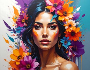 A colorful portrait of a woman surrounded by vibrant flowers