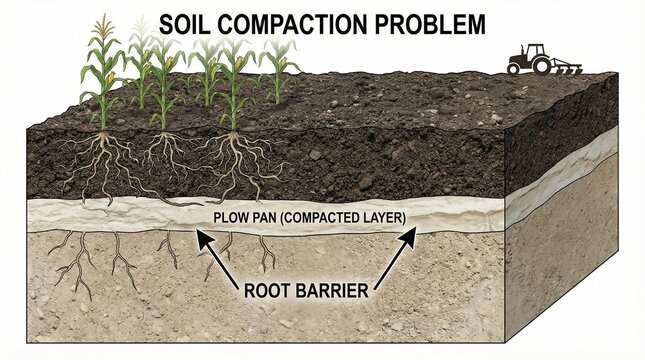 Soil compaction problems in agriculture with tractor causing root barrier