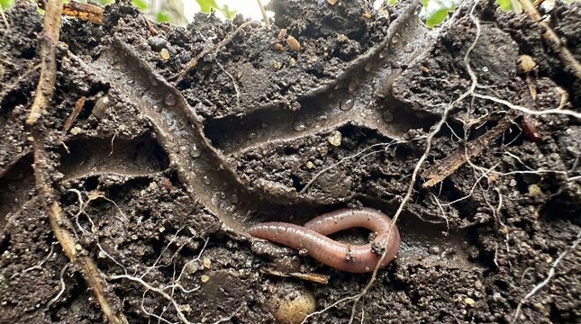 Earthworm in rich soil with roots and organic matter