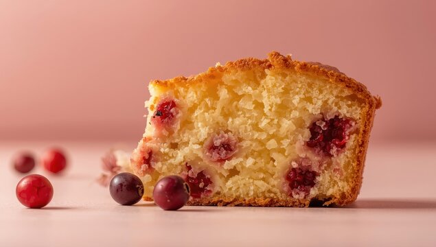 Homemade orange cake with cranberries on a pink backdrop. Blurred focus