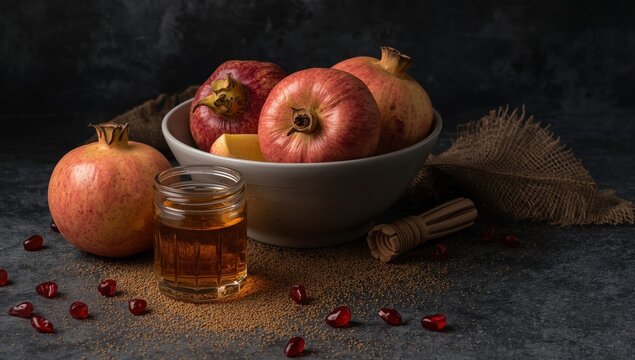 Honey bowl with pomegranate and apples for Rosh Hashanah against a dark backdrop