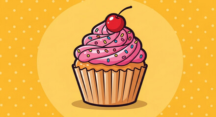 Delicious pink frosted cupcake with cherry on top colorful sprinkles vibrant yellow background with white polka dots sweet dessert illustration tasty treat for celebrations