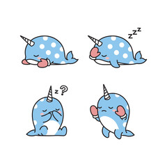 Cute cartoon narwhal in different emotional states with copy space © DesignerFaria