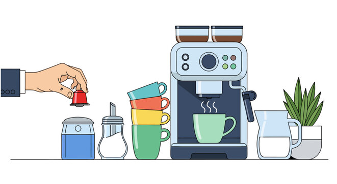 Coffee station vector illustration with espresso machine, colorful mugs, and hand holding a coffee capsule. Modern office or home kitchen coffee corner concept.