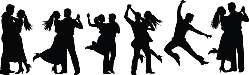 Romantic couple dance silhouette collection, passionate men and women performing partner moves isolated on white background vector illustration set
