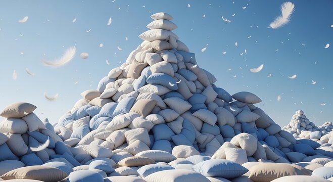 A mountain of soft white and blue pillows sits under a clear sky, surrounded by white feathers drifting in the breeze.
