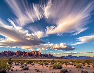 A desert landscape with a mountain range and cloudy sky