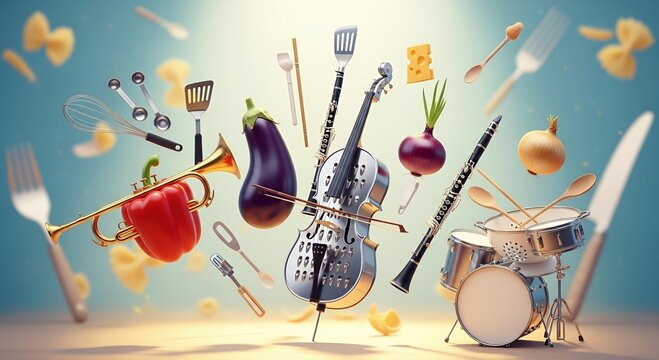 Whimsical orchestra of musical instruments merged with vegetables and kitchen tools, floating in a bright, surreal room