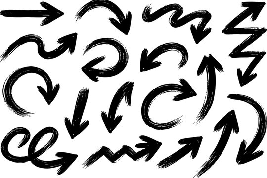 Abstract black brushstroke arrows in various directions on white background.