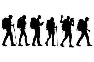 Obraz premium Silhouettes of hikers journeying with backpacks and walking sticks.