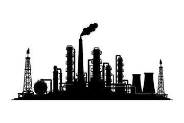 Obraz premium Silhouette of industrial refinery with smoke and towers.