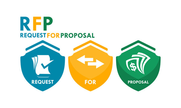 Professional RFP Request For Proposal vector logo featuring business icons, colorful circles, and arrows representing the bidding and procurement process in a modern style.