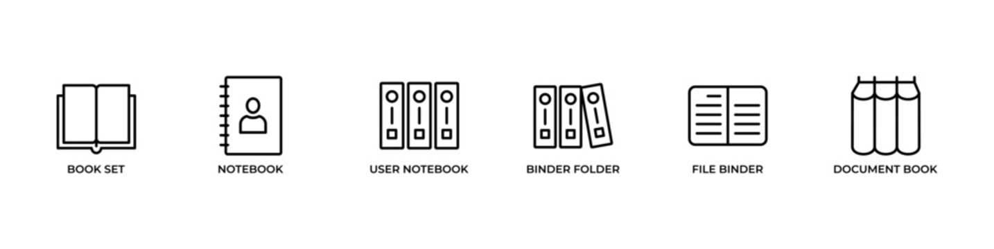 Book reading and documentation banner design with clean line icons featuring book set, notebook, user notebook, binder folder, file binder, and document book. Minimal black and white style suitable 