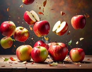 A group of red apples flying through the air
