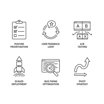 line icons for business and project management illustrating agile development feature prioritization ab testing and pivot strategies.